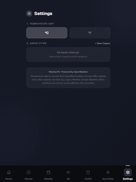 WeatherFit: Settings preview